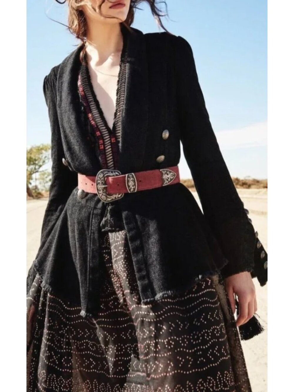 Free People Black Corduroy Lace Throwback Victorian Flare Sleeve Blazer Jacket